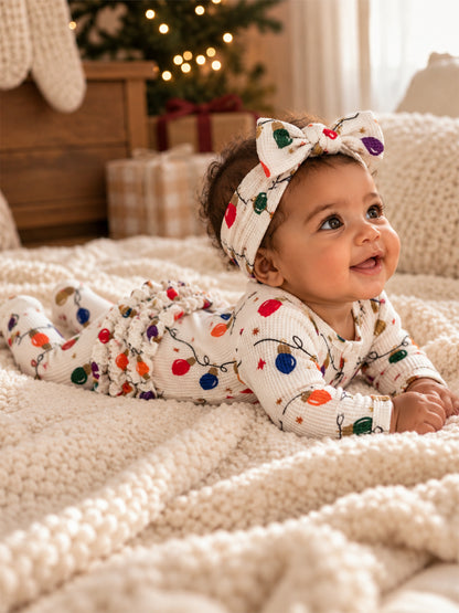 Organic Waffle Ruffle Zip Footie, Christmas Lights