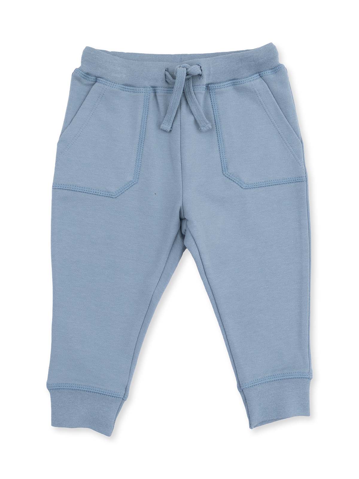 Light blue children's sweatpants with pockets and drawstring at the waist.