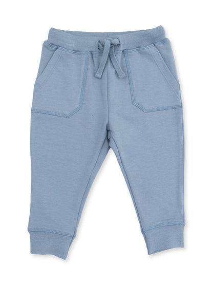 Light blue children's sweatpants with pockets and drawstring at the waist.