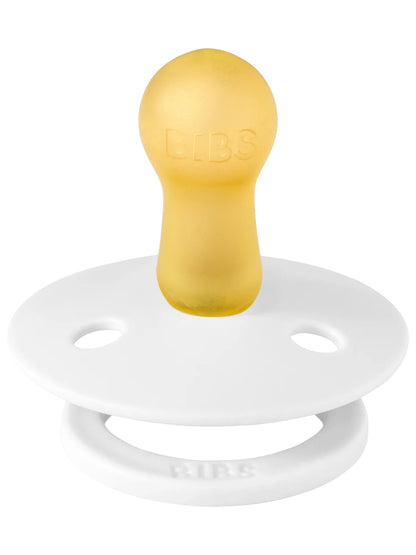 BIBS pacifier with a yellow nipple and white shield, designed for comfort and style for infants.