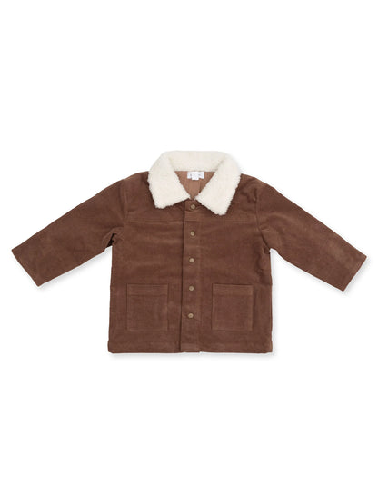 Brown jacket with a cream faux fur collar and two front pockets, displayed on a white background.