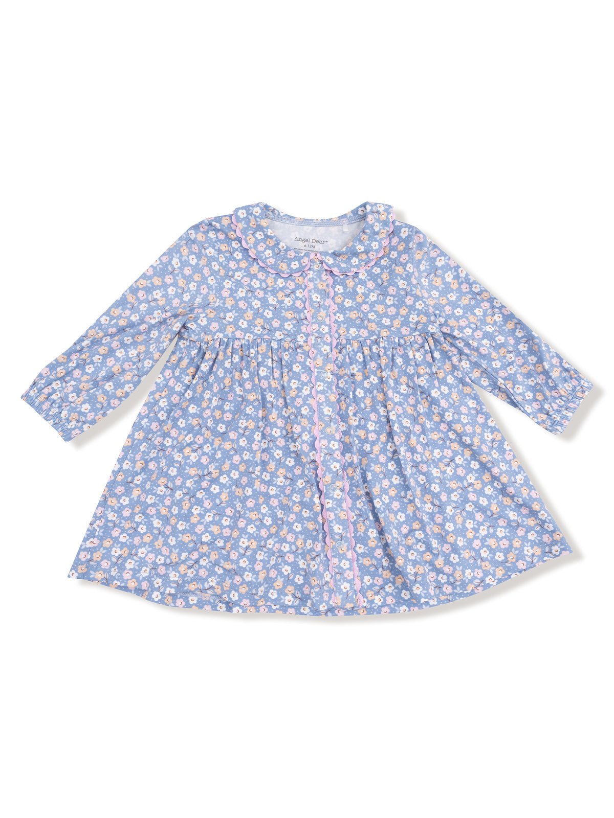 Blue floral dress with long sleeves and a round collar, featuring white, pink, and yellow flowers.
