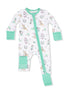 Children's zipper pajama in white with playful animal prints and mint green accents. Comfortable and fun sleepwear option.