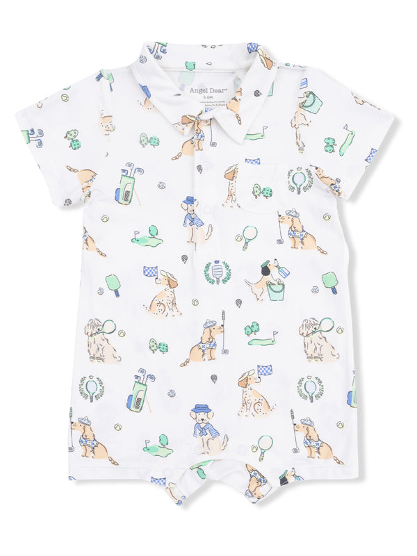 White short-sleeve romper with playful dog and golf-themed patterns for infants.