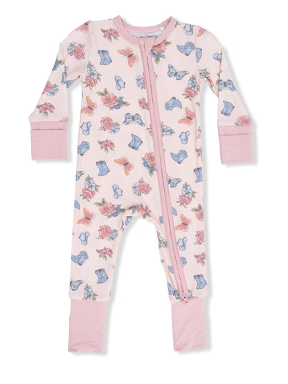 Pink floral baby onesie with butterflies, featuring a front zipper and long sleeves.