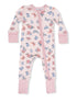 Pink floral baby onesie with butterflies, featuring a front zipper and long sleeves.