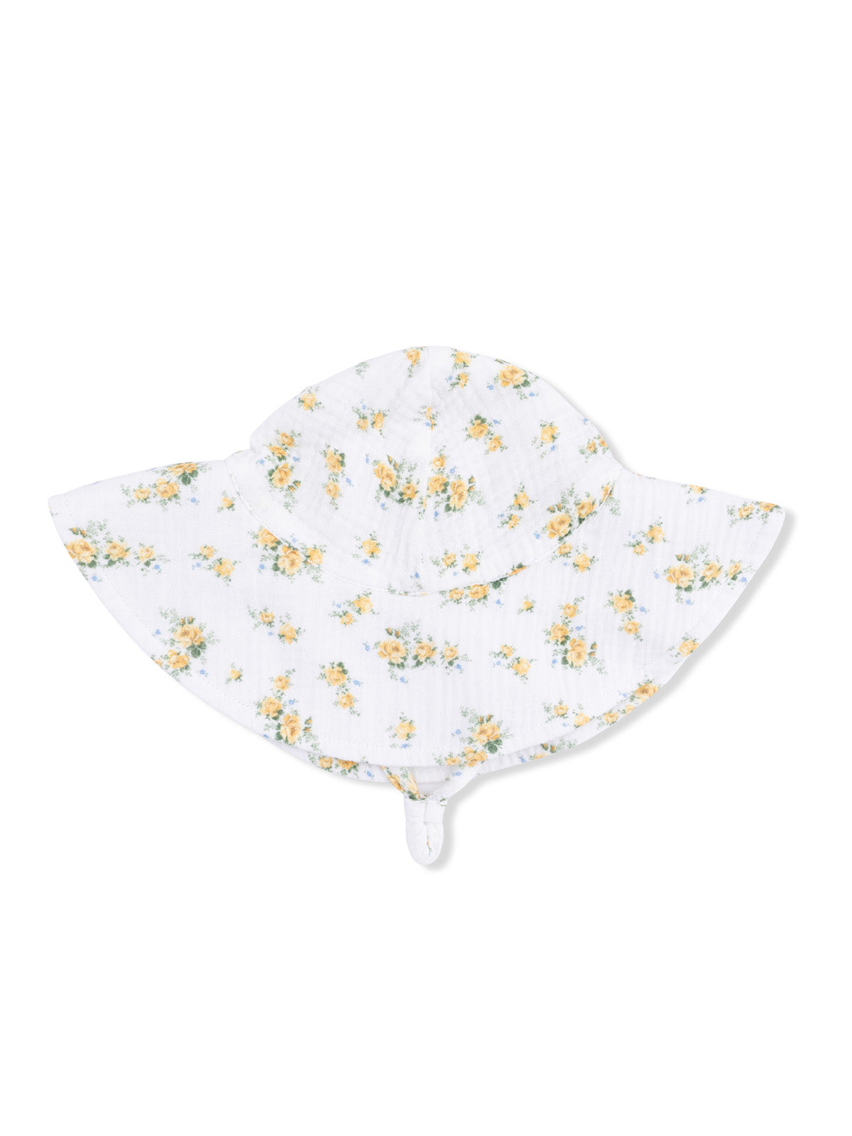 Floral white sun hat with yellow flowers, wide brim, and chin strap. Perfect for sunny days outdoors.
