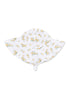 Floral white sun hat with yellow flowers, wide brim, and chin strap. Perfect for sunny days outdoors.