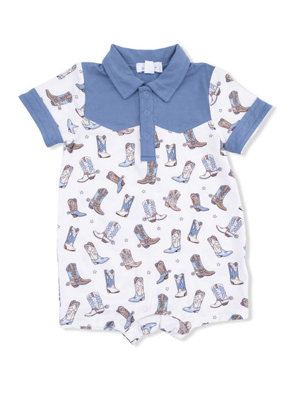 Baby romper with cowboy boot pattern, blue collar, short sleeves, and button placket. Ideal for casual wear.
