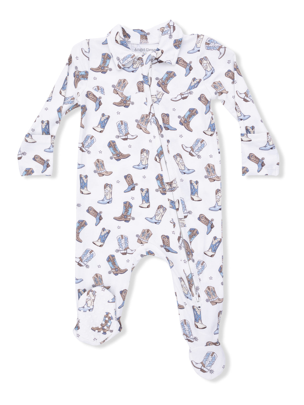 White infant onesie with a colorful cowboy boot pattern and long sleeves.