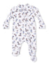 White infant onesie with a colorful cowboy boot pattern and long sleeves.