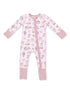 Pink infant pajamas with cowboy and cactus patterns, featuring long sleeves and a front zipper.