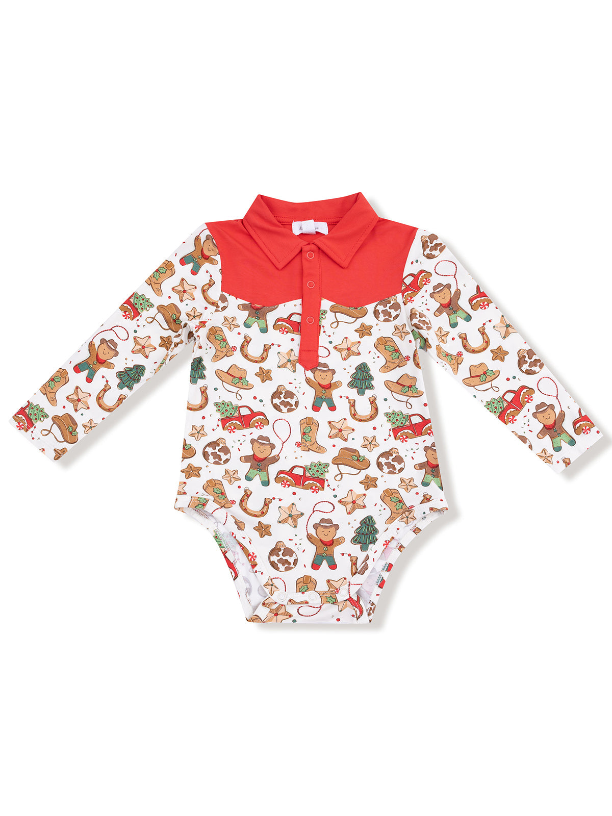 Long-sleeve baby bodysuit with a red collar and playful holiday-themed illustrations.