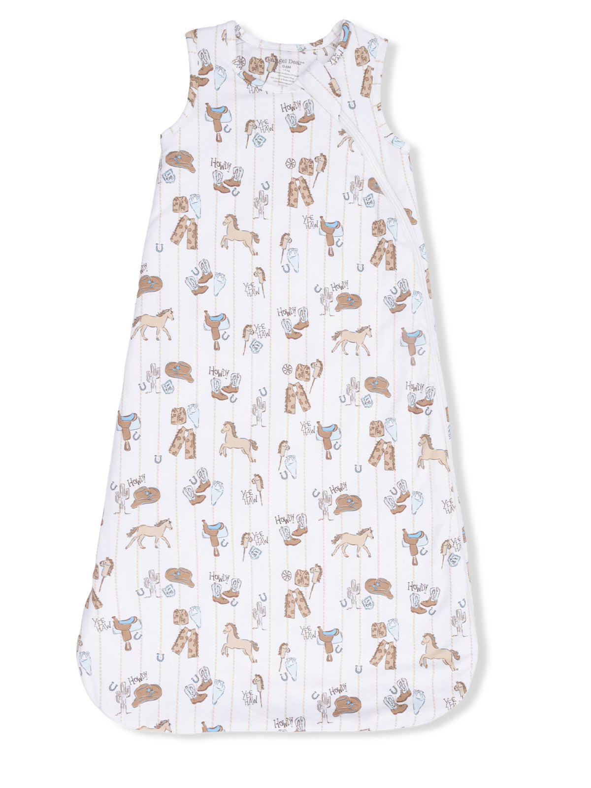 Children's sleep sack featuring a playful horse and cowboy-themed pattern in soft colors. Ideal for cozy sleep.