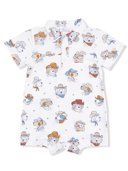 White baby onesie with a playful dog print wearing hats and bandanas. Ideal for casual outings or playtime.