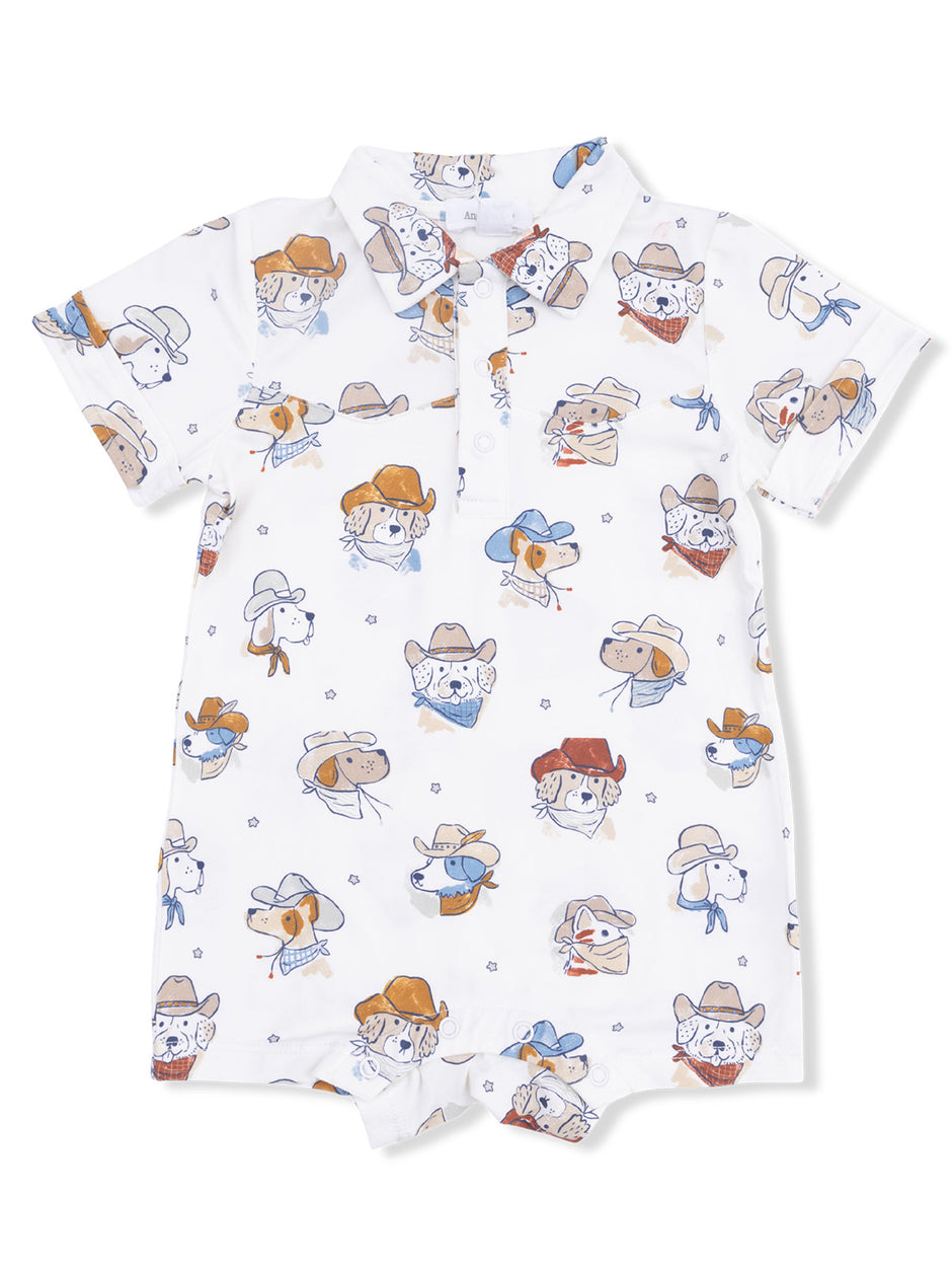White baby onesie with a playful dog print wearing hats and bandanas. Ideal for casual outings or playtime.