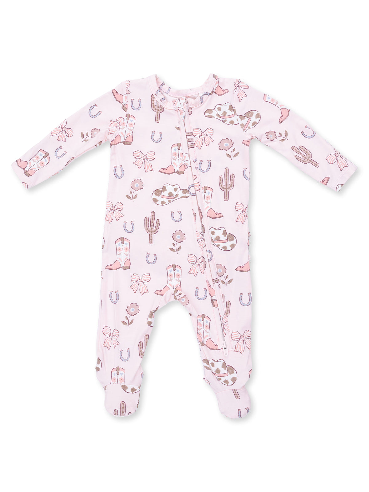 Pink infant onesie featuring a playful print of boots, hats, and cacti. Perfect for stylish comfort.