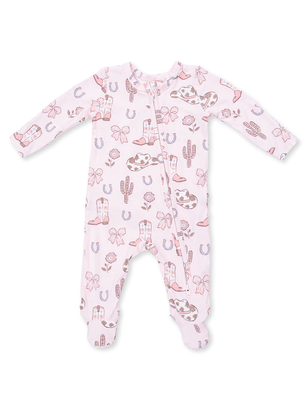 Pink infant onesie featuring a playful print of boots, hats, and cacti. Perfect for stylish comfort.