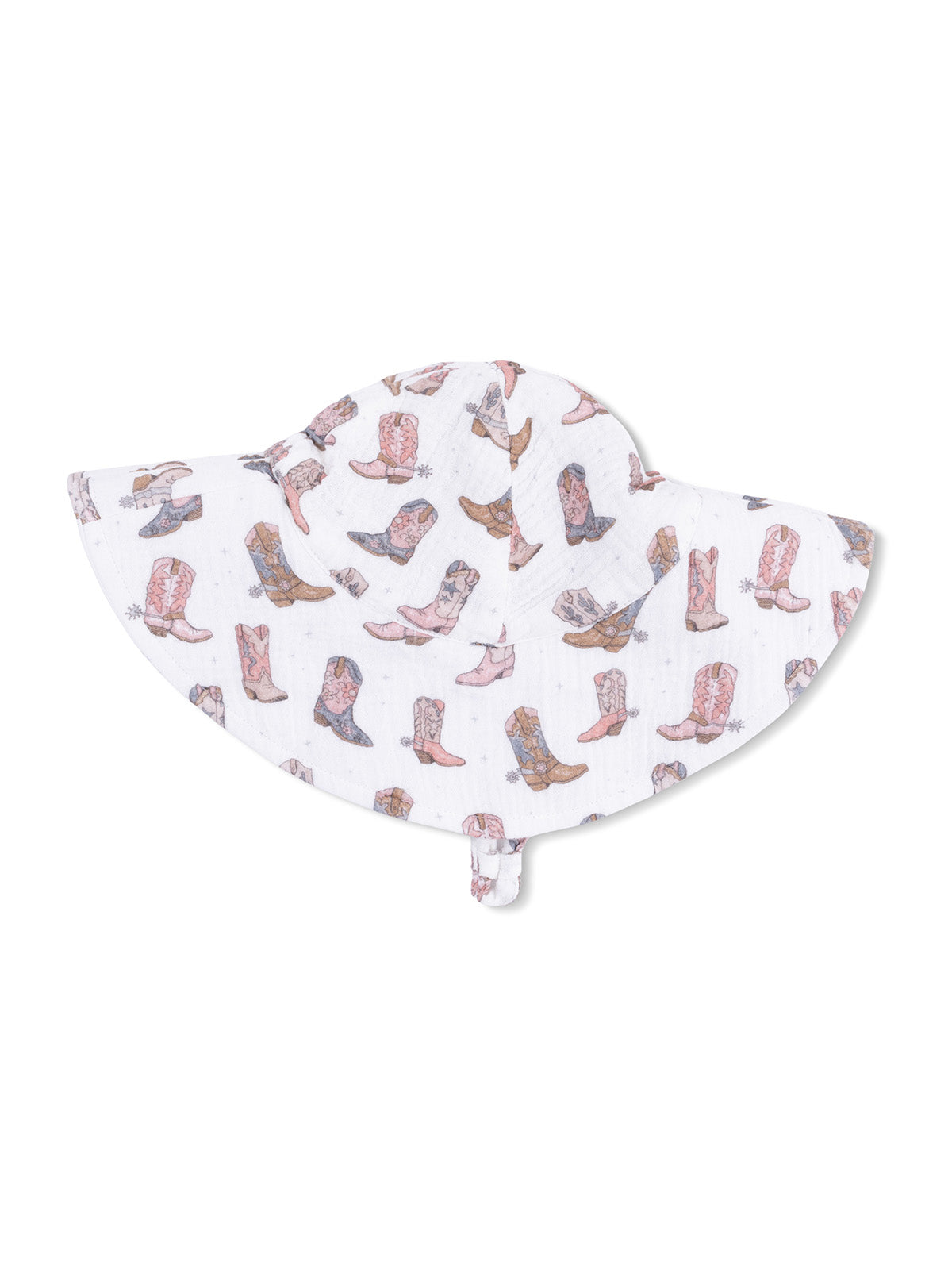 Wide-brimmed hat featuring a playful cowboy boot pattern in pastel colors.