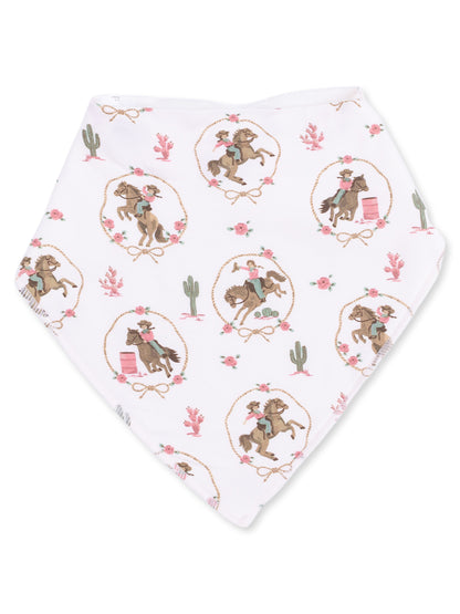 White bandana featuring a playful cowboy and cowgirl pattern with horses, flowers, and cacti.