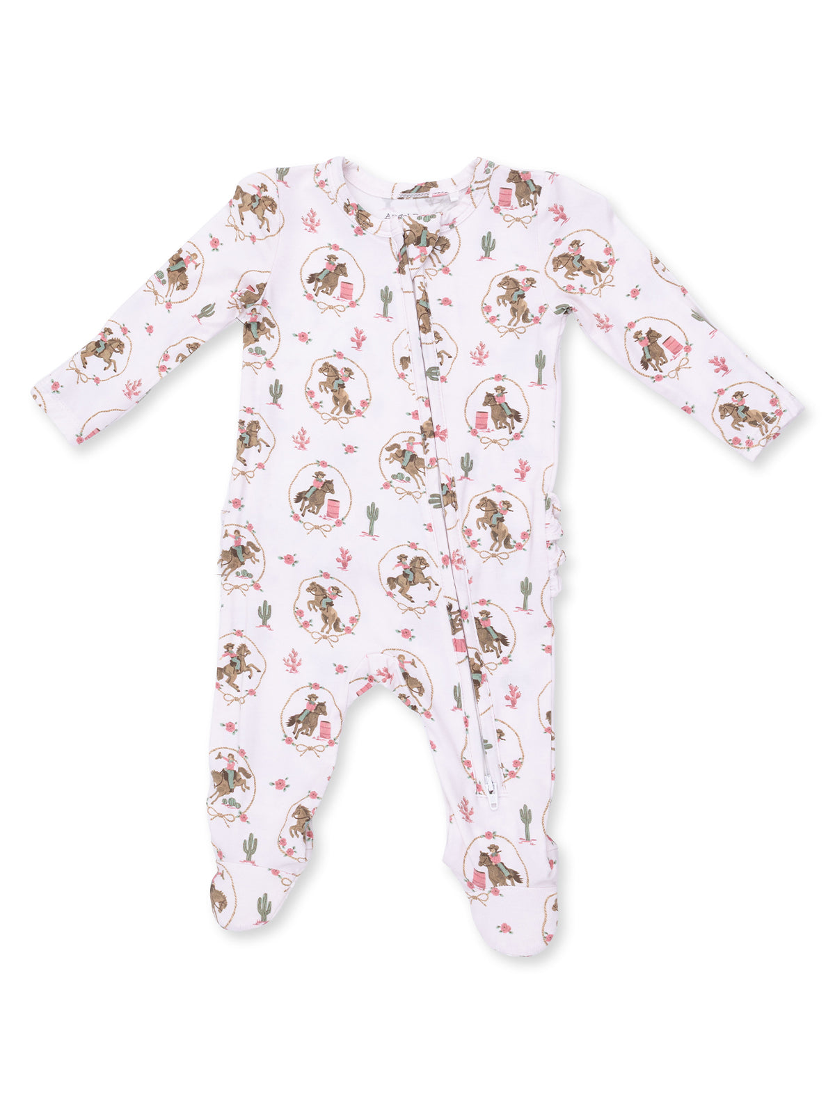 White baby onesie with abstract cowboy and cactus patterns, featuring long sleeves and footed design.