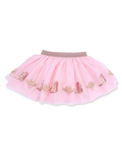 Pink tulle skirt with a gold and pink cowboy boot and hat design along the hem, featuring an elastic waistband.