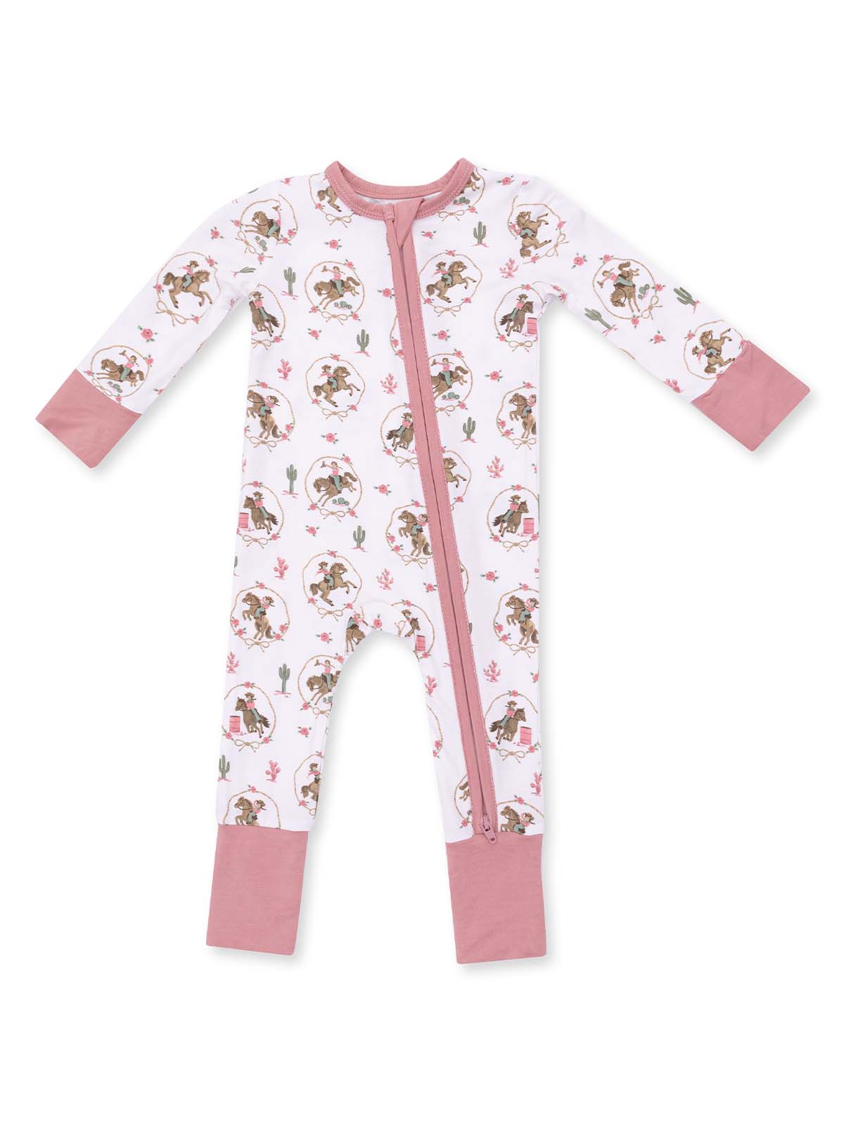Children's zip-up onesie featuring playful illustrations, pink accents, and floral designs on a white background.
