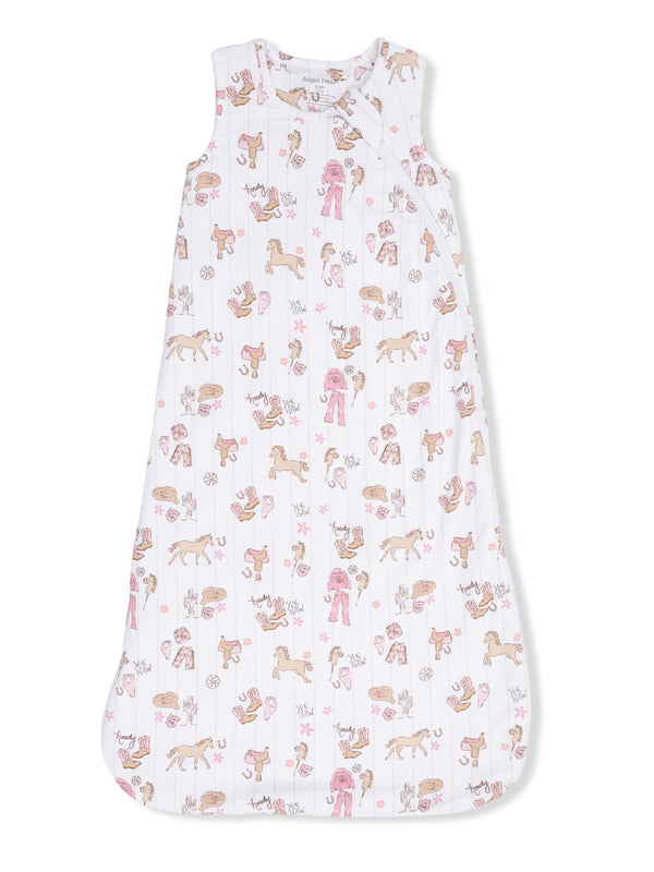 Children's sleep sack with a whimsical animal print, including horses, and a soft, lightweight design.