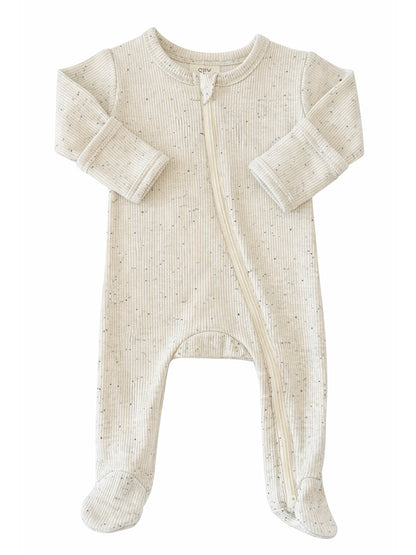 Beige baby onesie with a front zipper and footed design, featuring a textured ribbed pattern.