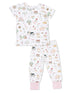 Children's farm-themed pajama set with colorful prints of animals, plants, and gardening tools on a white background.