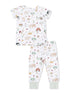 Children's farm-themed pajama set featuring animals, fruits, and gardening tools in a playful print.