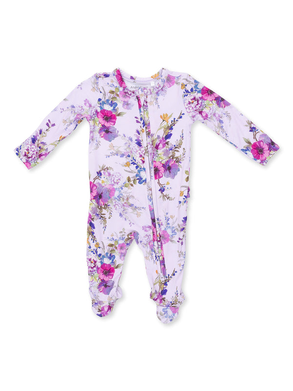 Floral-patterned baby onesie with long sleeves and a front zipper, featuring shades of pink and purple.