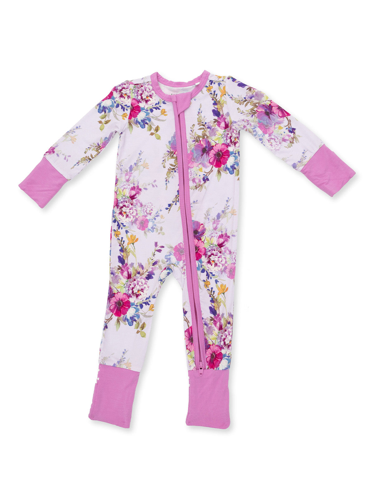 Floral-patterned toddler onesie in white with pink accents and a zipper front. Ideal for cozy sleepwear.