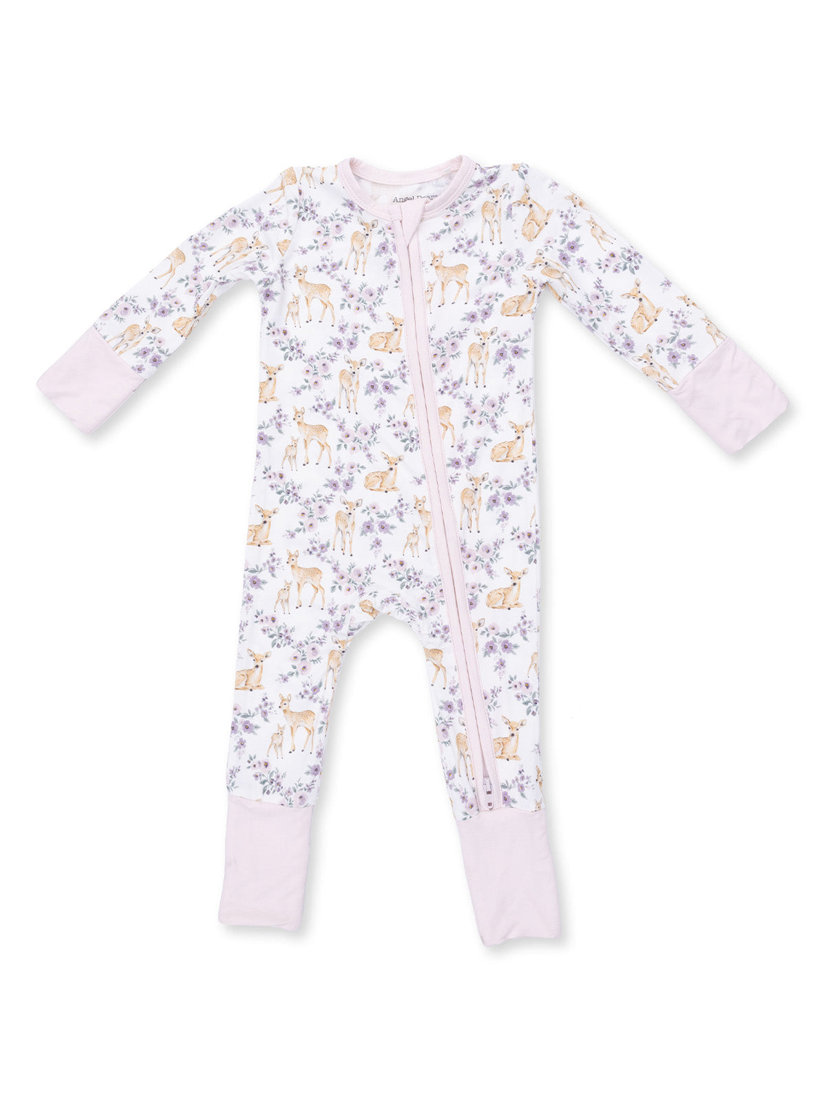 Infant onesie with floral and deer print, featuring a front zipper and pink sleeve cuffs. Perfect for cozy sleepwear.