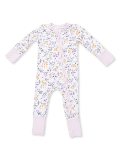 Infant onesie with floral and deer print, featuring a front zipper and pink sleeve cuffs. Perfect for cozy sleepwear.