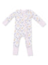 Infant onesie with floral and deer print, featuring a front zipper and pink sleeve cuffs. Perfect for cozy sleepwear.