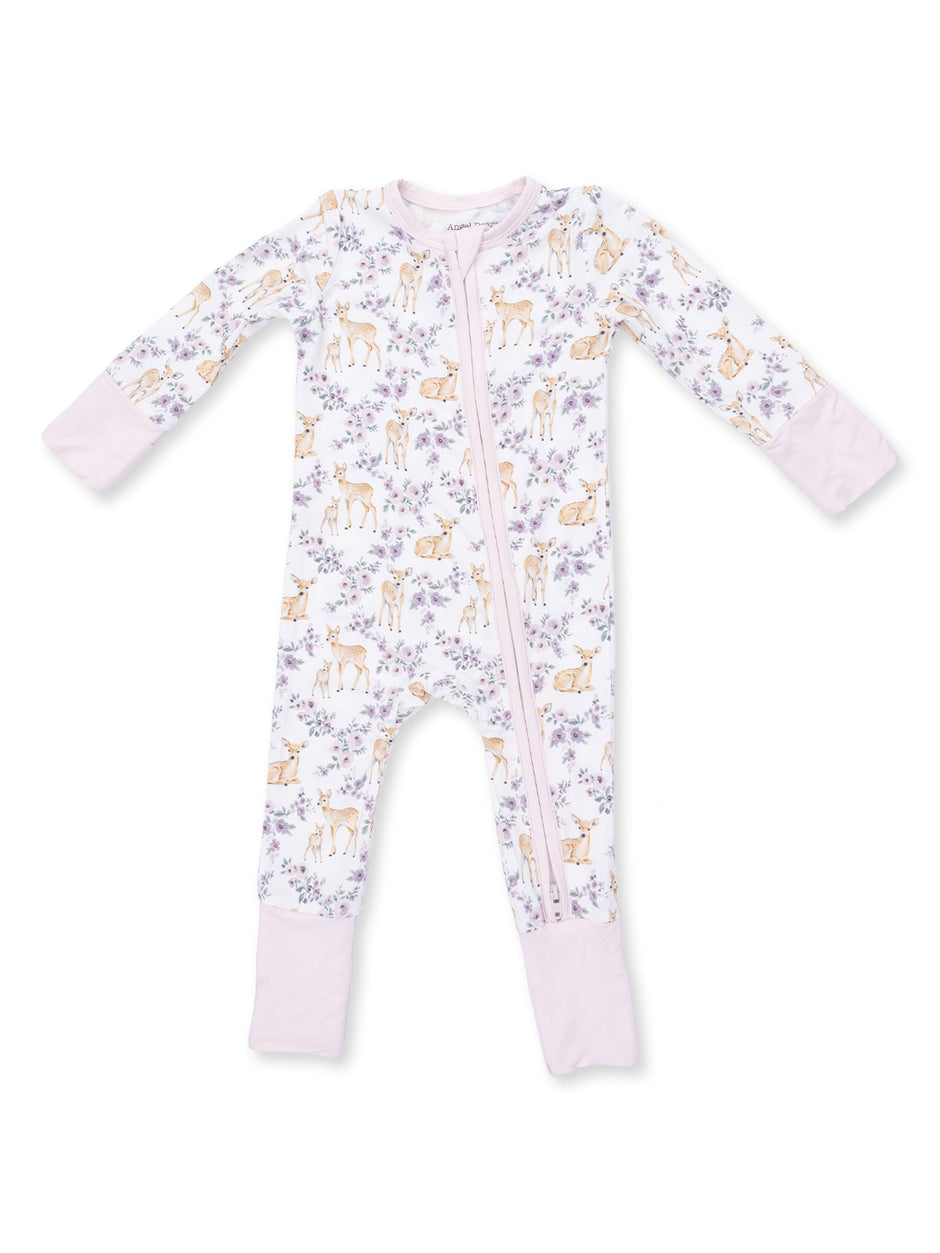 Infant onesie with floral and deer print, featuring a front zipper and pink sleeve cuffs. Perfect for cozy sleepwear.
