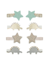 Set of hair clips featuring mint green stars and sparkly dinosaur designs in gold and silver.