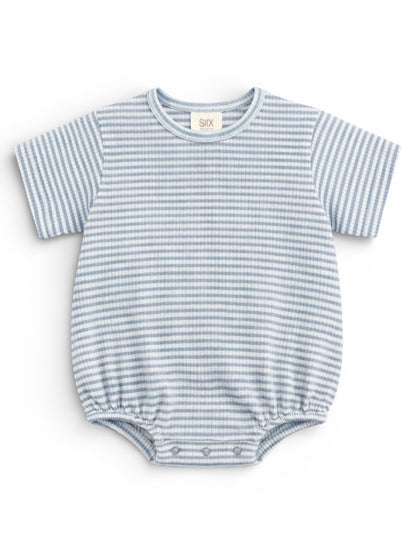 Light blue striped baby romper with short sleeves and snap closures at the bottom.