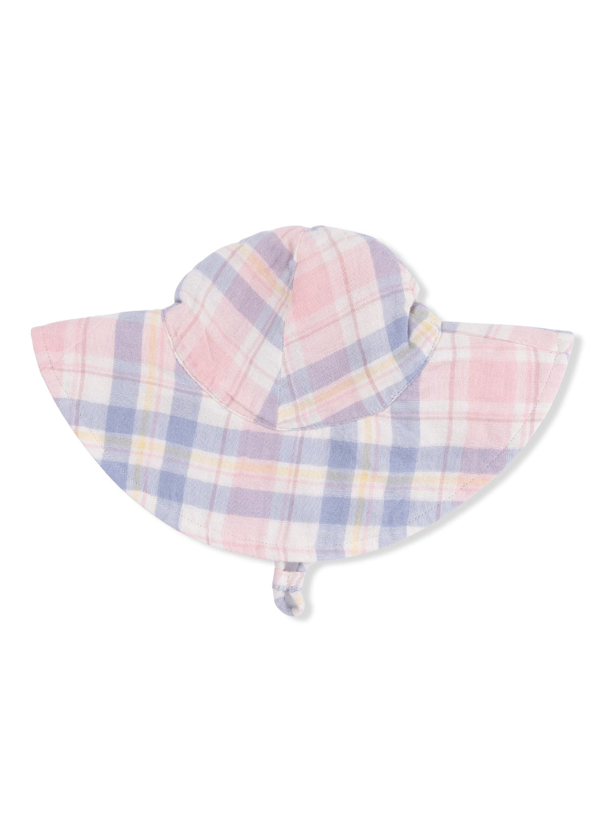 Pink and blue plaid sun hat with wide brim, designed for sun protection.