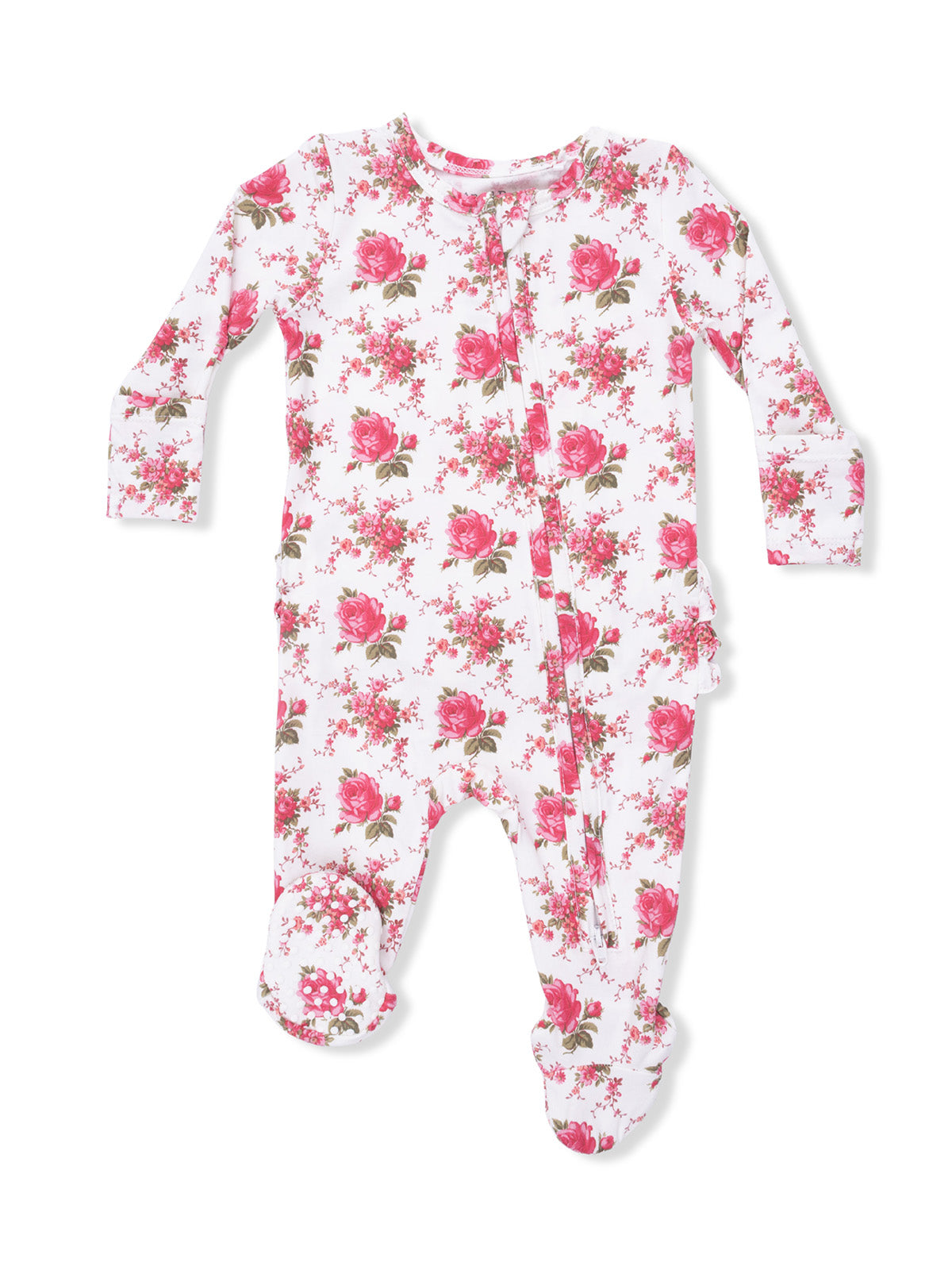 White baby onesie with long sleeves, featuring a pink floral pattern of roses and small flowers.