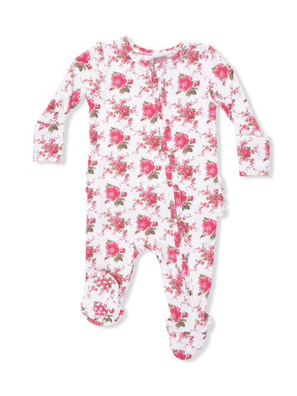 White baby onesie with long sleeves, featuring a pink floral pattern of roses and small flowers.