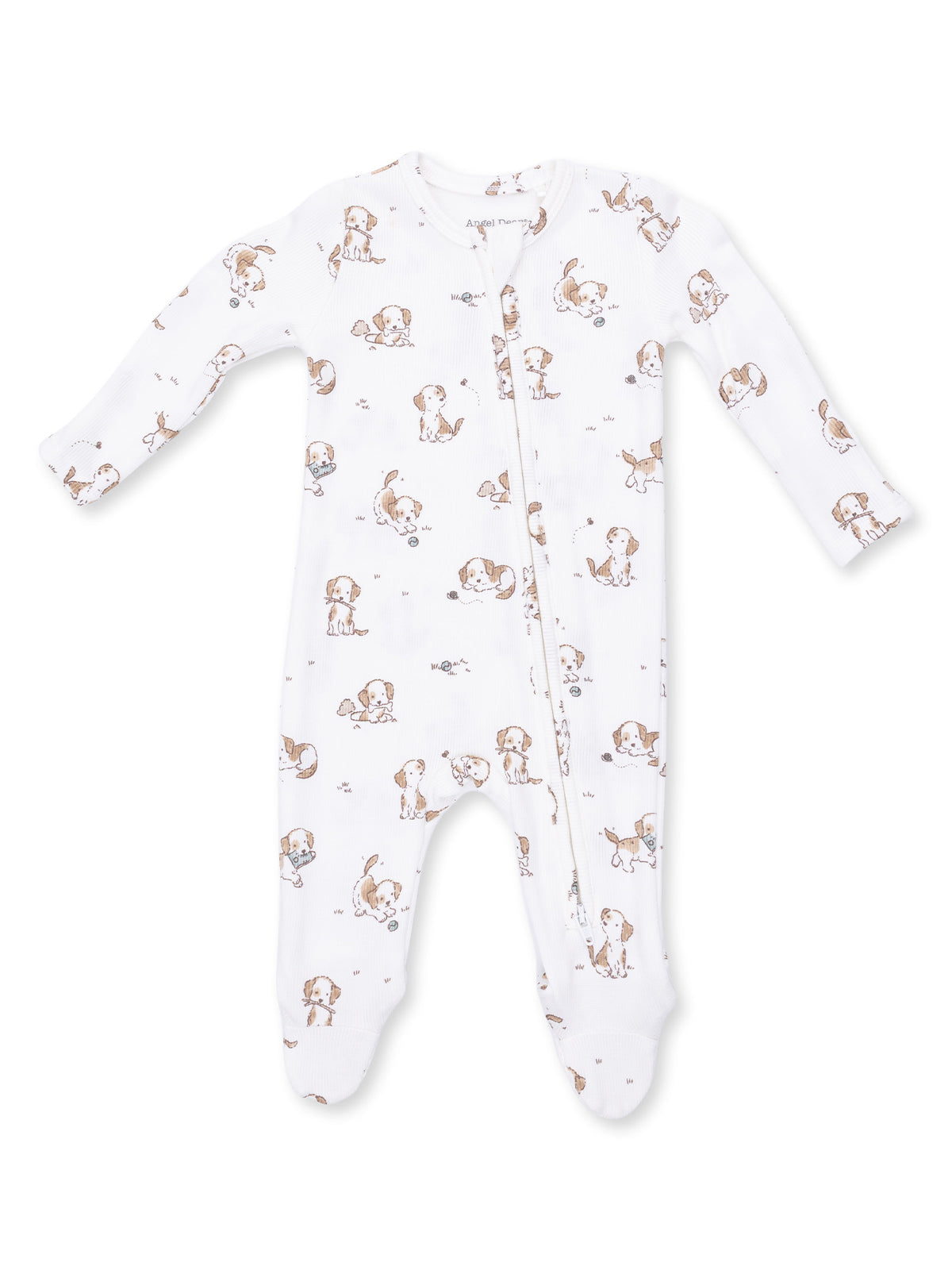 Infant onesie with playful puppy print on a white background, featuring long sleeves and a front zipper.