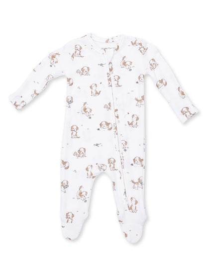 Infant onesie with playful puppy print on a white background, featuring long sleeves and a front zipper.