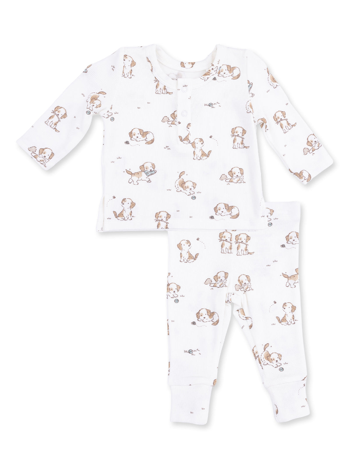 White baby pajama set featuring playful puppy prints on a long-sleeve top and pants.