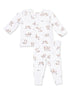White baby pajama set featuring playful puppy prints on a long-sleeve top and pants.