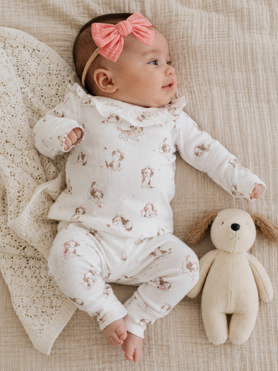 Ribbed Long Sleeve Ruffle Top & Pants, Explorer Puppy Pink