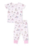 Children's pajama set featuring playful dog illustrations on a soft pink background. Includes a short-sleeve top and pants.