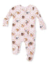 Pink baby pajamas with animal prints and footed design, featuring dogs and floral accents. Ideal for infants.