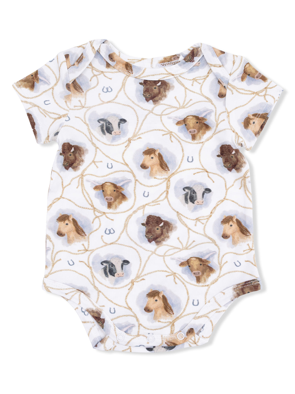 Short-sleeve baby bodysuit with a farm animal print featuring cows, horses, and other livestock in a playful design.